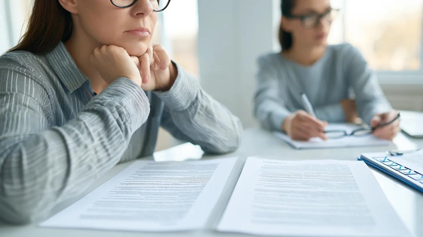 Zwei Kolleginnen lesen Unterlagen am Besprechungstisch