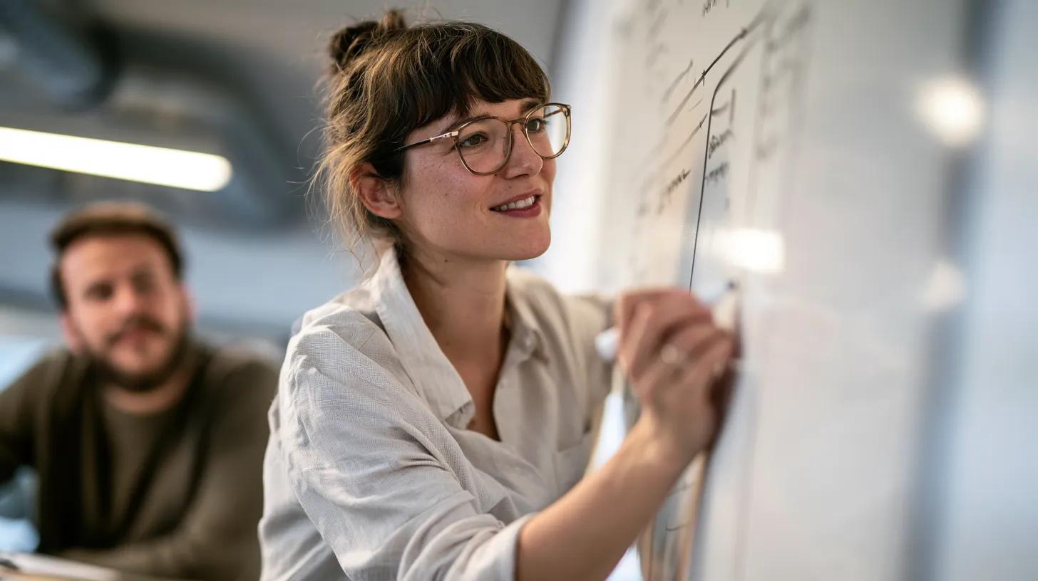 Personalerin skizziert Laufbahnen am Whiteboard, ein Kollege hört zu