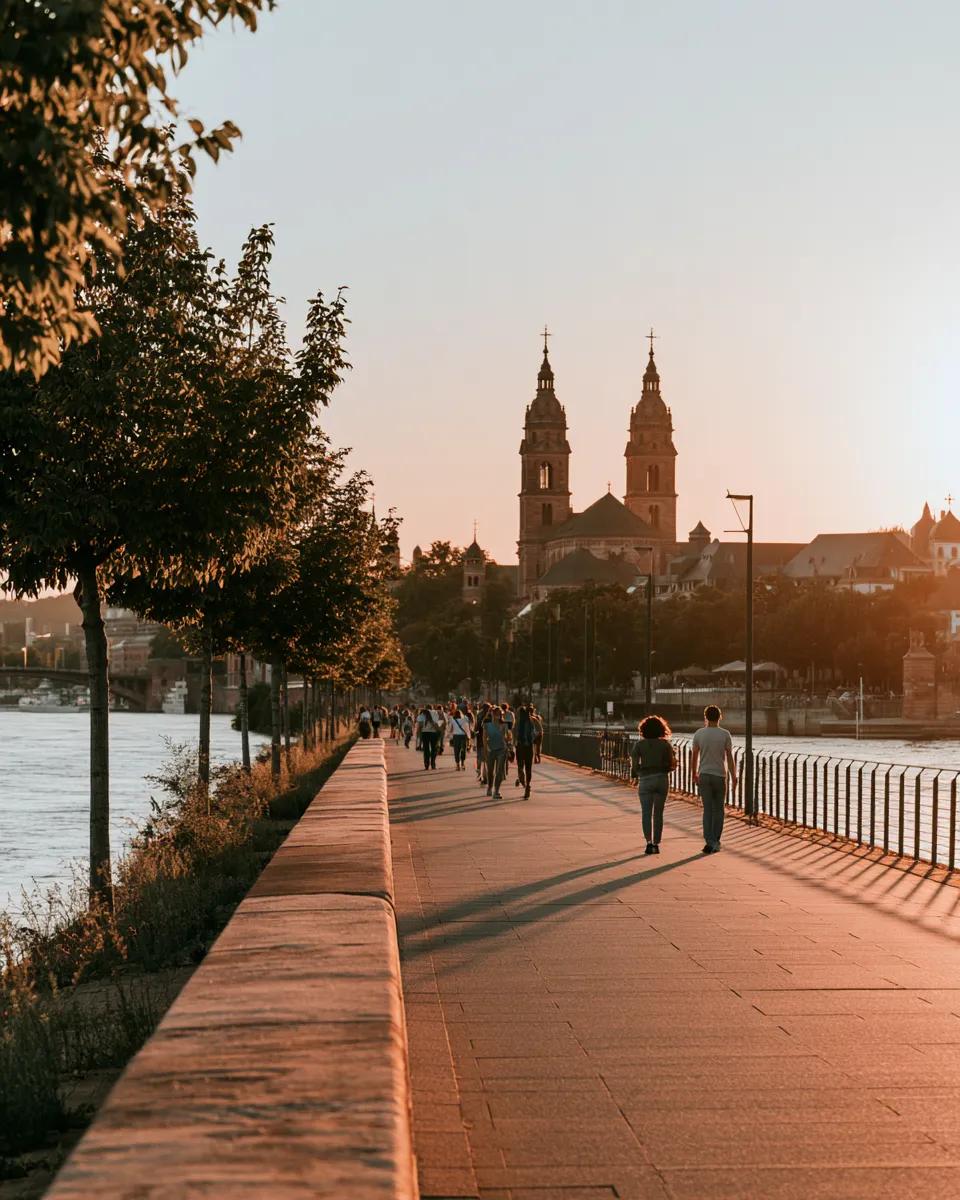 Rheinufer in Mainz am Abend, im Hintergrund der Dom